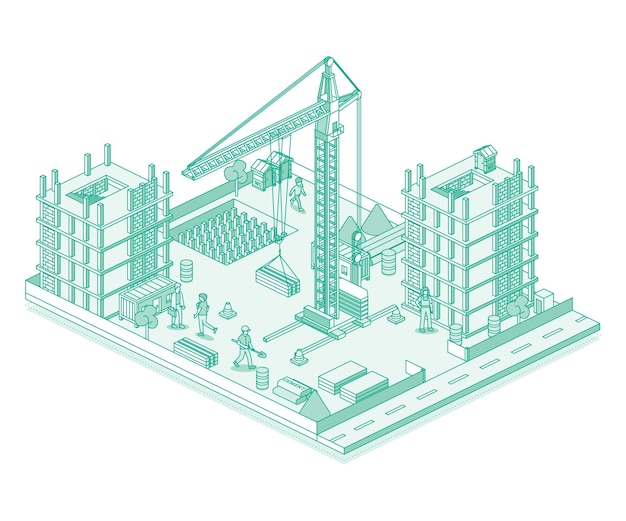 Sitio de construcción con constructores de grúas y rascacielos Proceso de construcción de un edificio de varios pisos Ilustración en estilo de contorno Vista isométrica de un edificio monolítico de marco