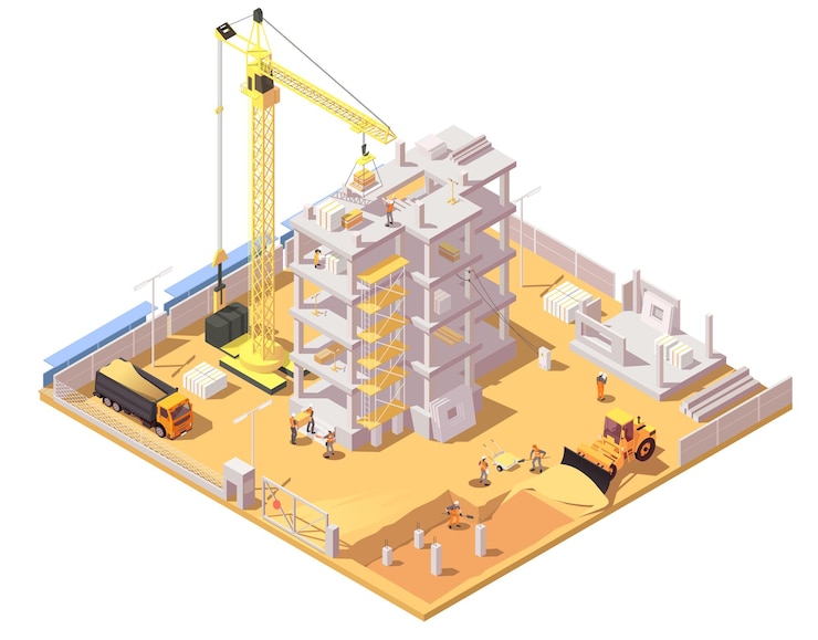 Vector sitio de construcción con constructores y vehículos especiales como camiones tractores de grúa proceso de construcción de edificios de varios pisos tecnología industrial en arquitectura ilustración vectorial isométrica