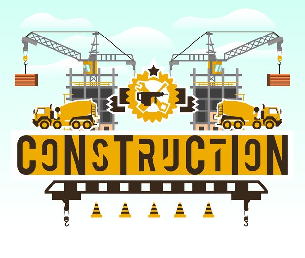 Sitio de construcción Grúa levantando losas de concreto Letras en el fondo aislado Hormigonera Maquinaria de construcción Logo herramientas de construcción Casa sin terminar Ilustración vectorial Estilo plano