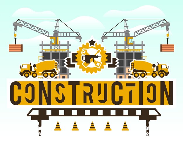 Sitio de construcción grúa levantando losas de concreto letras en el fondo aislado hormigonera maquinaria de construcción logo herramientas de construcción casa sin terminar ilustración vectorial estilo plano