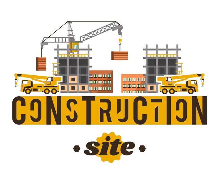 Vector sitio de construcción grúa levantando losas de hormigón letras en el fondo aislado grúa camión casa inacabada ilustración vectorial estilo plano