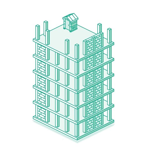 Sitio de construcción con rascacielos Proceso de construcción de edificios de varios pisos Tecnología industrial Estilo de esquema Edificio de marco monolítico isométrico y grúa torre