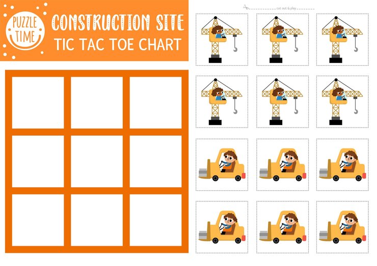 Vector sitio de construcción vectorial gráfico tic tac toe con carretilla elevadora y grúa de elevación con trabajadores conductores campo de juego de tablero de obras de construcción fácil hoja de trabajo imprimible cuadrícula de noughts y cruces xa