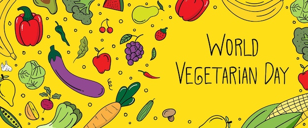 Vector sitio web de banner horizontal del día mundial del vegetariano con garabatos de doodle. concepto de comida sana. ilustración vectorial