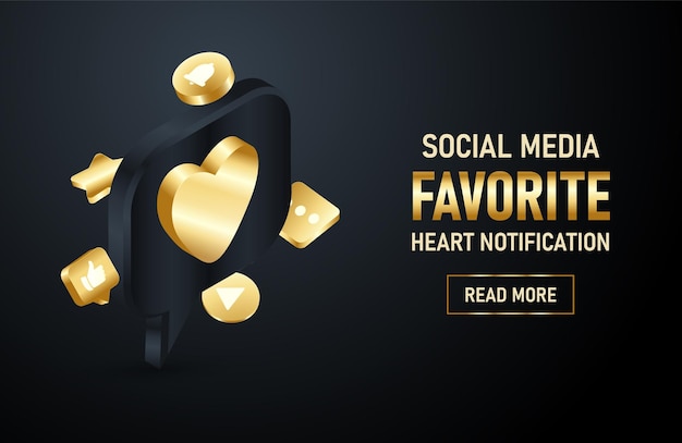 Sitio web de banner de representación 3d de fondo de icono de notificación de redes sociales en forma de corazón o favorito