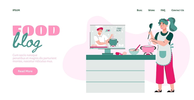 Vector sitio web de blog de comida con cocineras viendo video tutorial ilustración vectorial