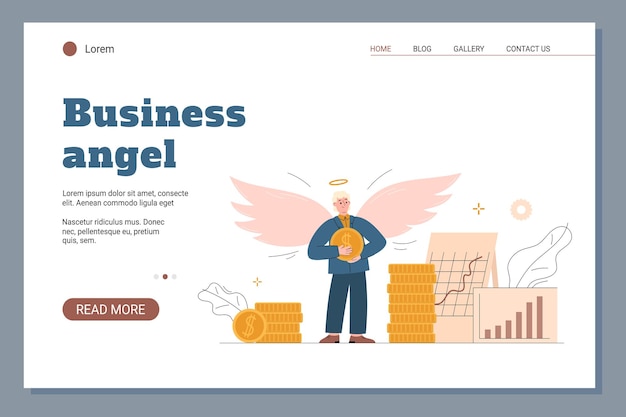 Sitio web de business angel con hombre de negocios con alas ilustración vectorial plana