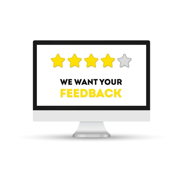 Sitio web con cinco estrellas y pantalla de computadora Concepto de calificación de calificación de retroalimentación del cliente revisión de clasificación evaluación de la experiencia del usuario del sitio de Internet Ilustración de vector plano para póster