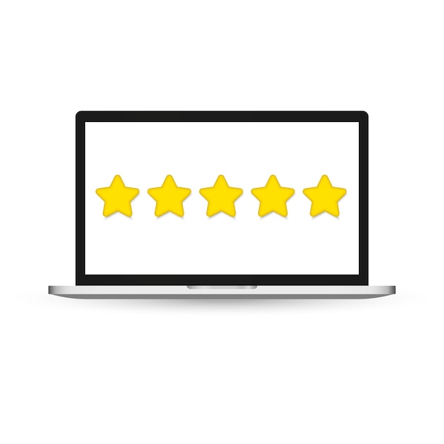 Sitio web con cinco estrellas y pantalla de computadora portátil Concepto de calificación de calificación de retroalimentación del cliente revisión de clasificación evaluación de la experiencia del usuario del sitio de Internet Ilustración de vector plano para póster
