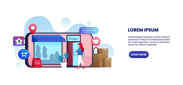 Sitio web de comercio electrónico, página de inicio de compras en línea, diseño de plantilla web, ilustración vectorial