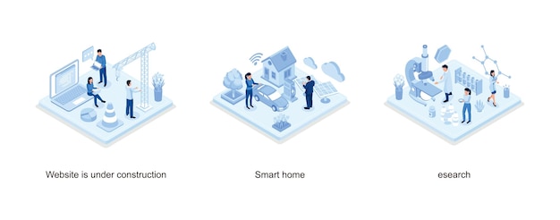 Sitio web en concepto de construcción con personajes, Casa inteligente con panel solar y coche eléctrico,