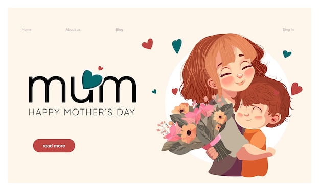 Un sitio web para el día de la madre con una mujer abrazando a un bebé y flores.