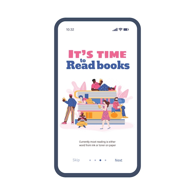 Sitio web educativo o aplicación de lectura con personas y libros de dibujos animados