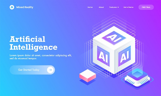 Sitio web de Inteligencia Artificial o diseño de página de aterrizaje con bloque de cubo AI 3D y chip de circuito digital.