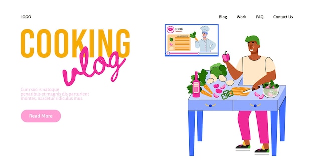 Sitio web o página de inicio para cocinar video blog ilustración vectorial de dibujos animados