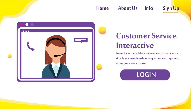 Vector sitio web de la página de destino servicio al cliente interactivo, centro de llamadas para compras en línea y concepto de negocio diseño de plantillas vectoriales ilustración