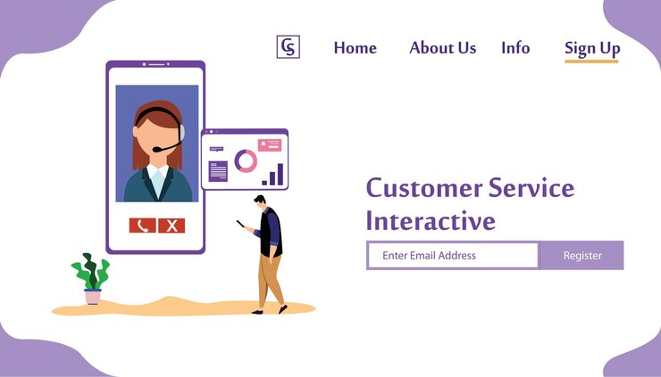 Vector sitio web de la página de destino servicio al cliente interactivo, centro de llamadas para compras en línea y concepto de negocio diseño de plantillas vectoriales ilustración