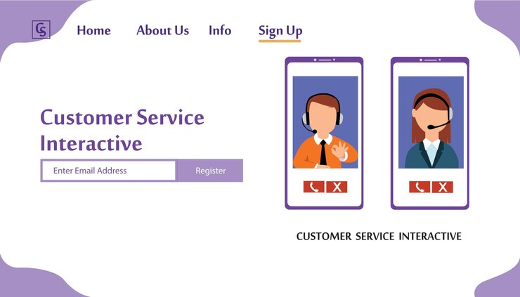Vector sitio web de la página de destino servicio al cliente interactivo, centro de llamadas para compras en línea y concepto de negocio diseño de plantillas vectoriales ilustración