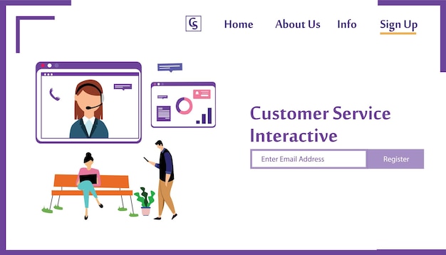 Sitio web de la página de destino Servicio al cliente interactivo, centro de llamadas para compras en línea y concepto de negocio Diseño de plantillas vectoriales Ilustración