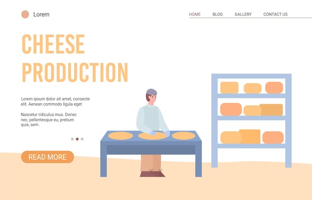 Sitio web de producción de queso con página de inicio de dibujos animados de quesero