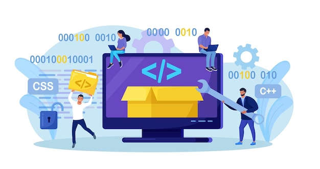 Vector sitio web de programación de programadores tiny de código abierto para plataforma de internet desarrolladores que crean código abierto o script de software software gratuito para la computadora descargue e instale el archivo gratis