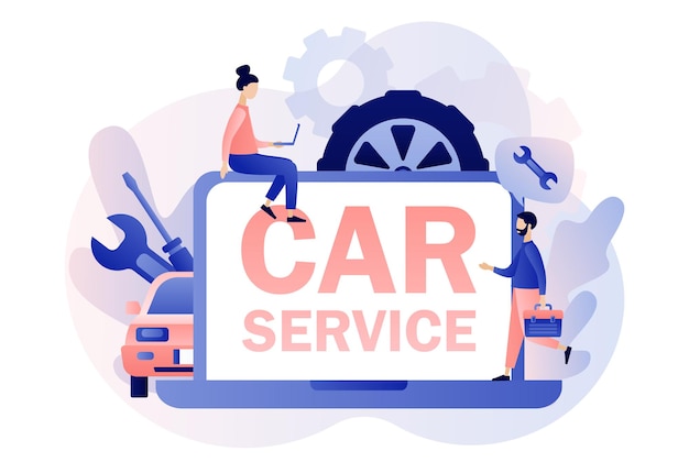 Sitio web de servicio y reparación de automóviles Concepto de servicio automático Tiny Repairman Mechanics characters