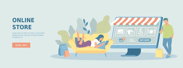 Sitio web de supermercados de tiendas en línea Comercio electrónico y minorista Niña y hombre eligen comestibles en línea y mak