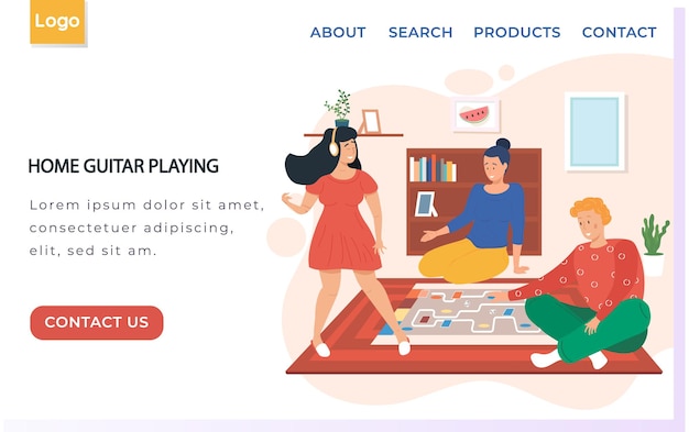 Sitio web con tocar la guitarra en casa Chica con auriculares escucha música Amigos jugando juego de mesa