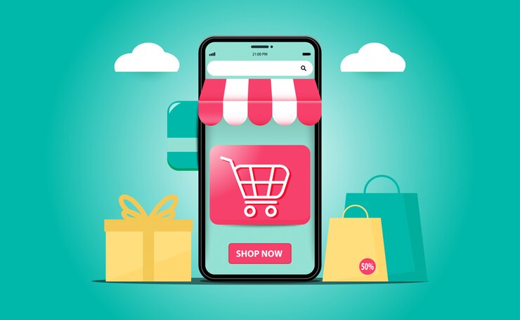 Sitios web de compras en línea Conceptos de aplicaciones móviles. Marketing digital con teléfono inteligente