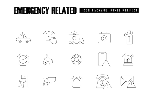 situación de emergencia relacionada con el contorno delgado del vector Los iconos se establecen bien para el vector de la web o la aplicación móvil