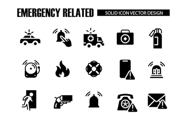 Situación de emergencia relacionada Iconos de relleno sólido del vector establecidos para el vector de la web o la aplicación móvil