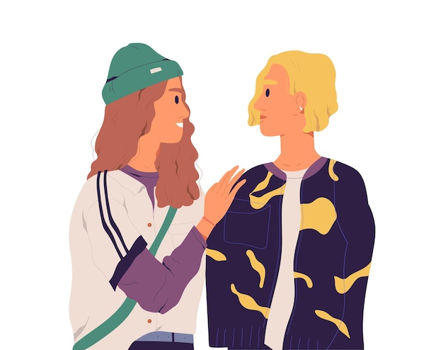 Situación incómoda y malentendido entre dos personas que conversan con diferentes reacciones y expresiones faciales. Momento de incomodidad. Ilustración de vector plano coloreado aislado sobre fondo blanco.