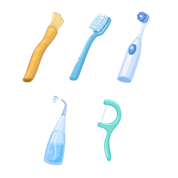 Siwak y cepillo de dientes Colección de herramientas de cuidado dental Vector de ilustración de dibujos animados