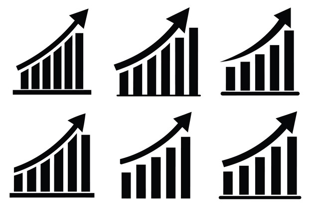 Six Black Bar Graph Icons Showing Upward Trend Growth Success Data Chart Increase