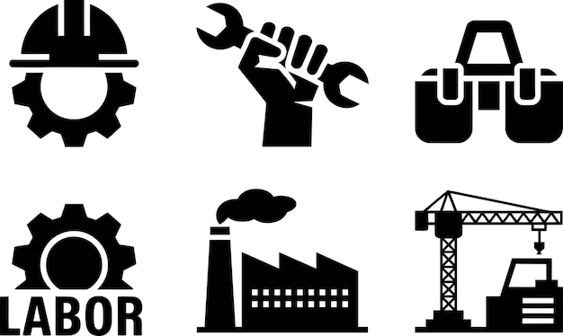 Six Black Silhouette Icons Representing Labor Industry Gear Helmet Wrench Hand Factory Crane Toolbox