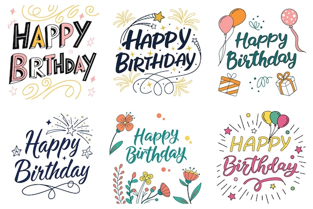 Six Colorful Happy Birthday Designs Featuring Balloons Fireworks Flowers and Gifts