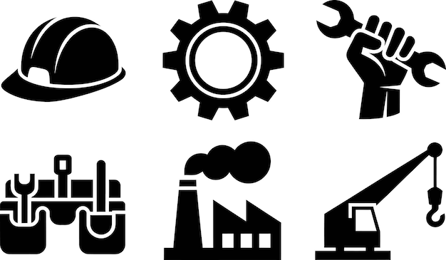 SixBlack Silhouettes Industrial Icons Set Hard Hat Gear Wrench Tool Box Factory Crane hardhat helmet