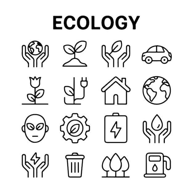 Sixteen Black Line Art Ecology Icons Set white