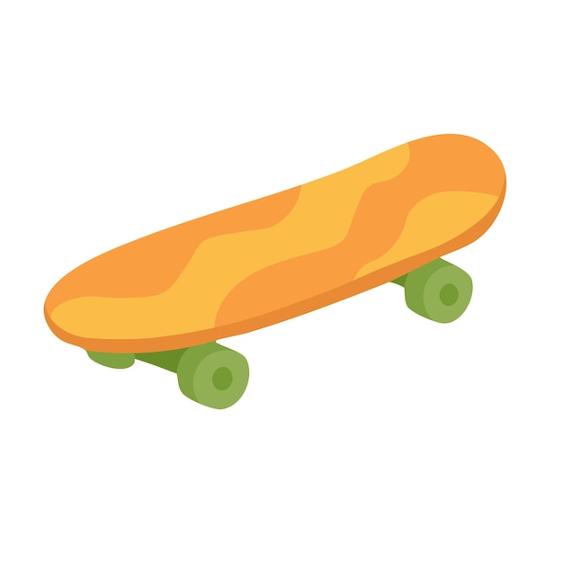 Skateboard naranja de dibujos animados con ruedas verdes en estilo plano ilustración divertida de verano para el diseño de viajes y vacaciones