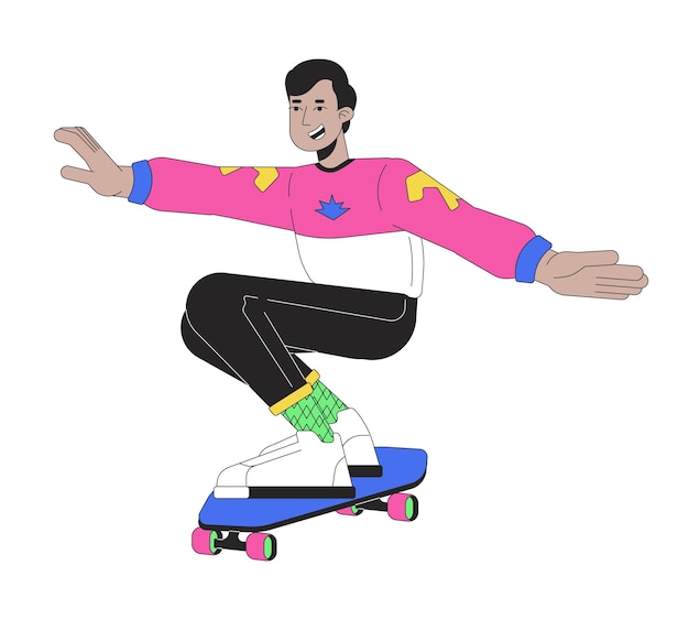 Skateboarder adolescente de los años 80 línea de dibujos animados ilustración plana patinador indio montando en cuclillas personaje lineal 2D aislado sobre fondo blanco recreación de los años 80 escena de nostalgia imagen en color vectorial