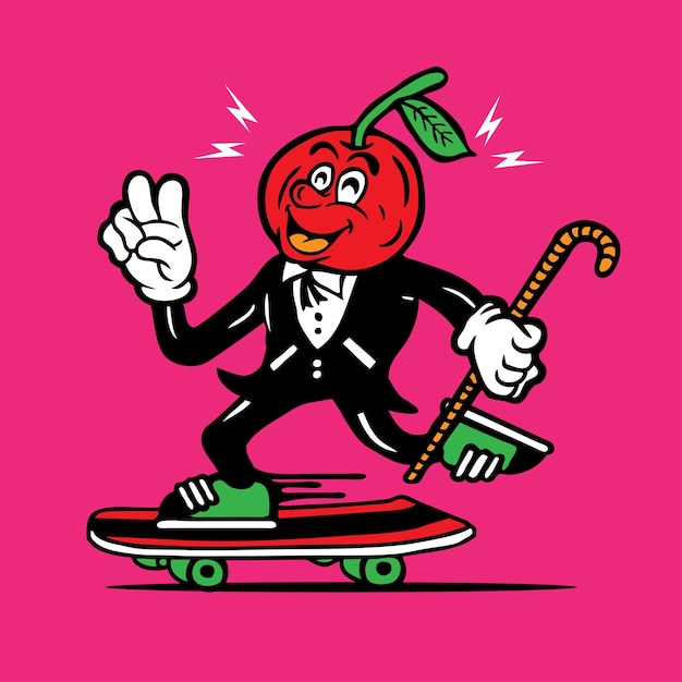 Vector skateboarding cherry head en vector de dibujo a mano de diseño de personaje de mascota de esmoquin