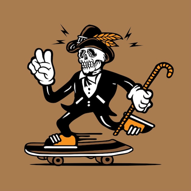 Vector skateboarding skull cowboys en tuxedo mascota diseño de personajes dibujo a mano vector