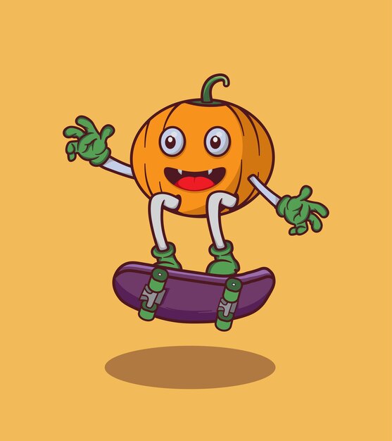 Skateboarding de vector de Halloween con ilustración de vector de carácter lindo