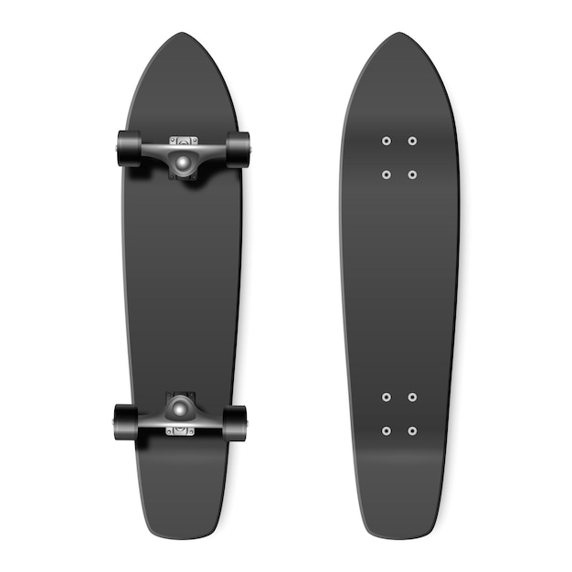 Skateboarding Vector Realistic 3d Render Blank Black Skateboard Icon Set Closeup Aislado sobre fondo blanco Plantilla de diseño de Skate Board que muestra la parte superior e inferior para la vista superior de la maqueta