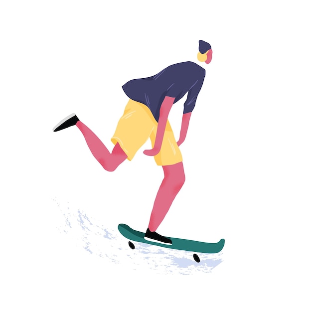 Skater moderno montando monopatín. Patinador masculino joven con tabla larga. Deporte callejero extremo. Actividad de verano. Ilustración de vector de textura plana aislado sobre fondo blanco.