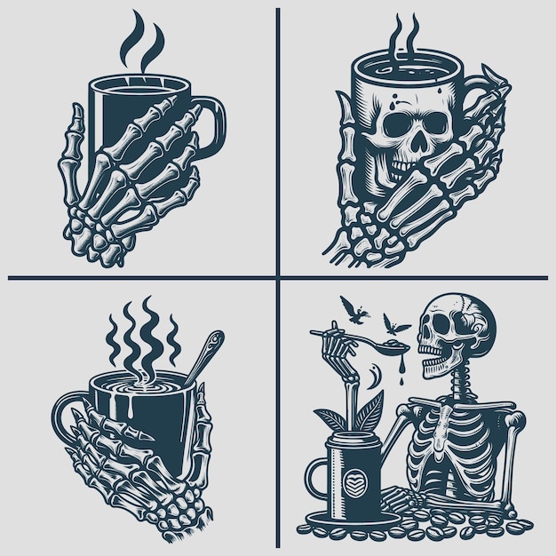 Skeleton café silueta vectorial Svg archivo de paquete Esqueleto SVG Esqueleto Beber café Svg