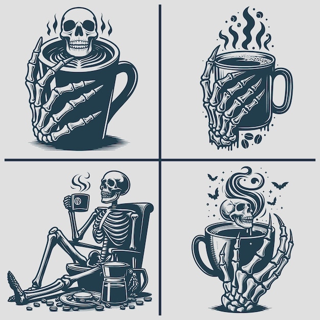 Skeleton café silueta vectorial Svg archivo de paquete Esqueleto SVG Esqueleto Beber café Svg
