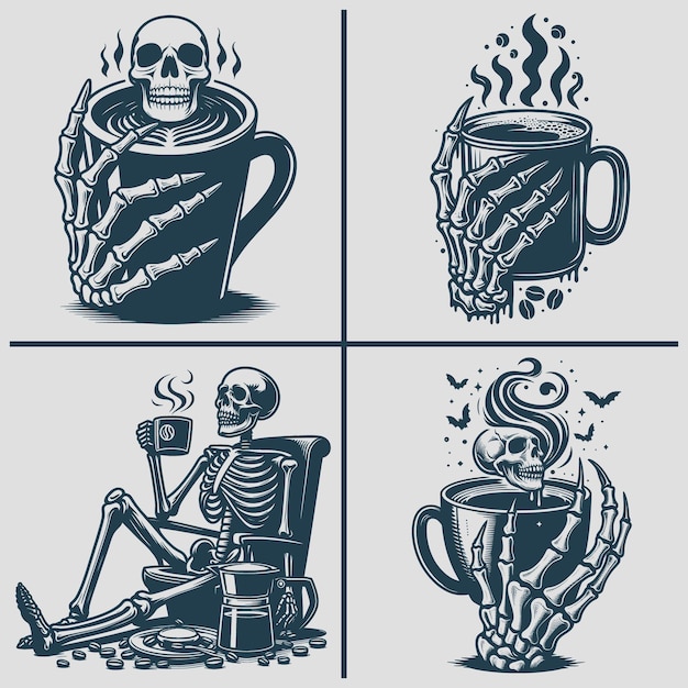 Vector skeleton café silueta vectorial svg archivo de paquete esqueleto svg esqueleto beber café svg