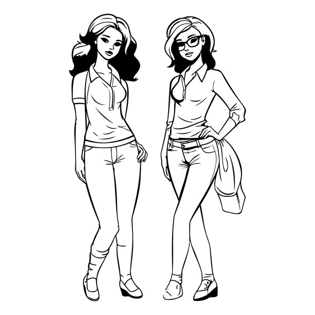 Vector sketch de chicas de moda con vaqueros y camiseta