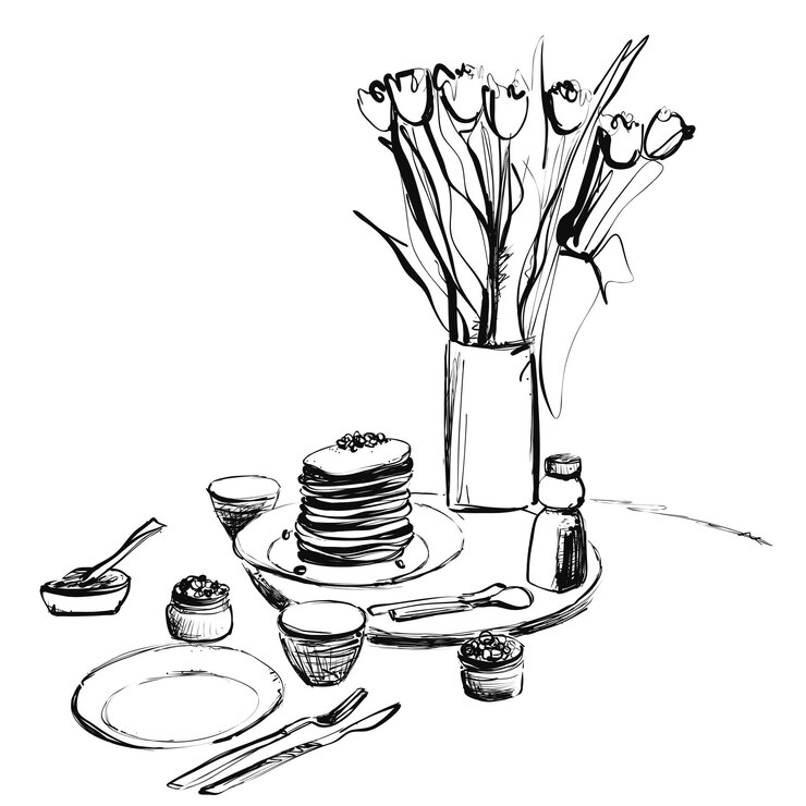 Sketch Doodle Pancakes Vector Ilustración Arte Domingo desayuno